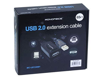 Monoprice USB 2.0 Extension Cable - USB Type-A Male to USB Type-A Female, Active, Repeater, 26/22AWG, 65 Feet, Black - size: 65 Feet