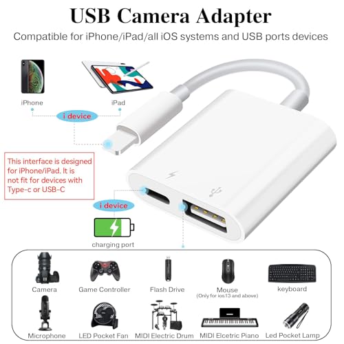 SUNTRSI USB Camera Adapter with Charging Port, Portable USB Female OTG Adapter Suitable for iPhone iPad, Plug and Play USB Adapter for iPad Support Card Reader