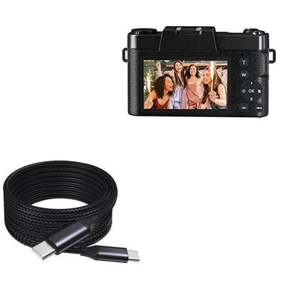BoxWave Cable Compatible with Saneen Digital Camera 4K & 56MP - DirectSync PD Cable (10ft) - USB-C to USB-C (100W), Long Type C Braided Nylon Alloy Fast Charge - Jet Black