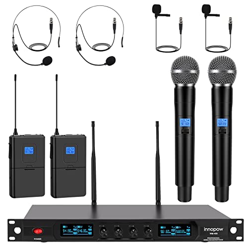 innopow 4-Channel Wireless Microphone System, Quad UHF Metal Cordless Mic, 2 Handheld Mics, 2 Bodypack Mics, Long Distance150-200Ft, Fixed Frequency, 16 Hours Use for Karaoke Singing, Church - color: 2 Bodypack mic+2 Handheld mic