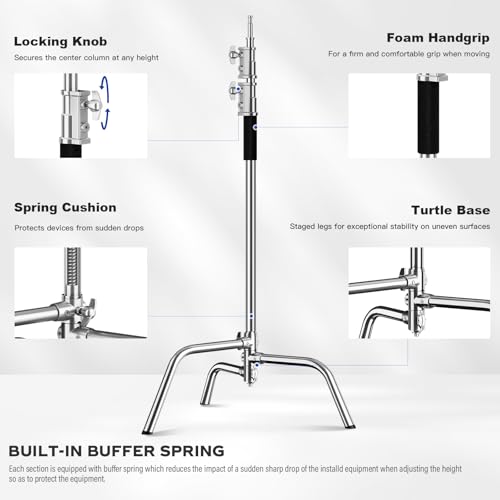Heavy Duty C Stand 6.9ft/210cm with Holding Arm Sandbag Grip Head Stainless Steel Photography Light Stand C-Stand Sturdy for Photography Studio Video Monolight Softbox Shooting (Silver)