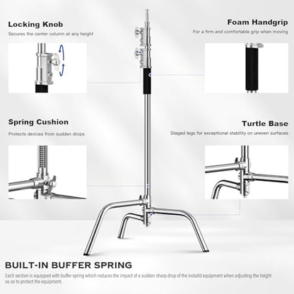 Heavy Duty C Stand 6.9ft/210cm with Holding Arm Sandbag Grip Head Stainless Steel Photography Light Stand C-Stand Sturdy for Photography Studio Video Monolight Softbox Shooting (Silver)