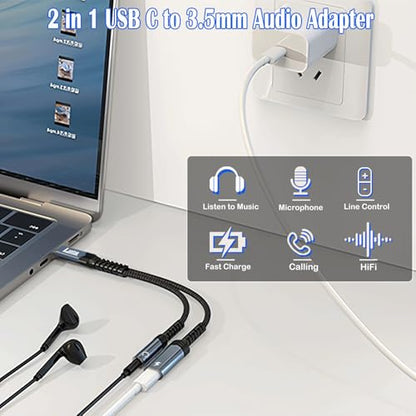 USB C to Headphone Jack Adapter and Charger,2 in 1 USB C to 3.5mm Audio Adapter with PD 60W Fast Charging Dongle Cable Cord for iPhone16/15 Pro Max,Samsung GalaxyS25-S21,Google Pixel8/7,iPad Pro - style: 2 in 1 Adapter and Charger