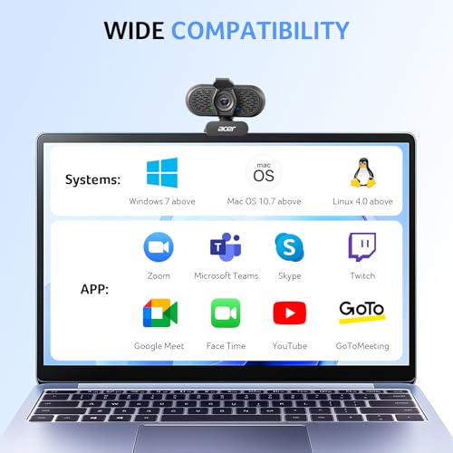 Acer 1080p Webcam USB Plug and Play Webcam for PC with Noise Cancellation Microphones Computer Camera for Desktop Streaming Gaming Online Meeting Wide Angle Privacy Cover A-to-C Adapter Easy Setup - color: Black