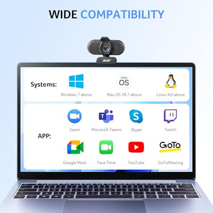 Acer 1080p Webcam USB Plug and Play Webcam for PC with Noise Cancellation Microphones Computer Camera for Desktop Streaming Gaming Online Meeting Wide Angle Privacy Cover A-to-C Adapter Easy Setup - color: Black