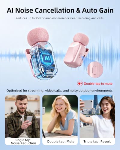 mini 2 Wireless Lavalier Microphones for iPhone 16/17 & Android, AI Noise Cancellation, App Control, 30H Battery with Charging Case, Lapel Microphone Wireless for Video Pink - color: Pink