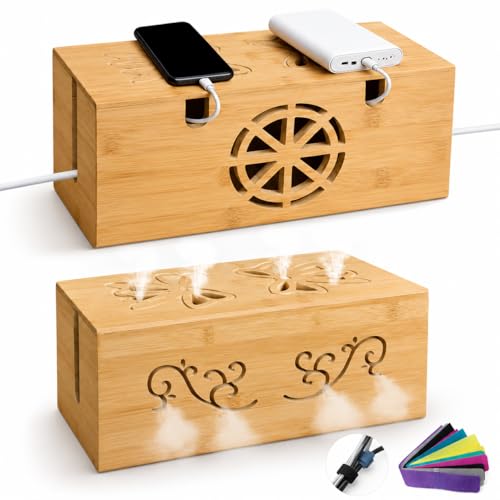 Cable Management Box - Large Bamboo Cord Organizer for Desk and Home Office - Power Strip Hider with Ventilation, 15.7 x 6.7 x 6.7in
