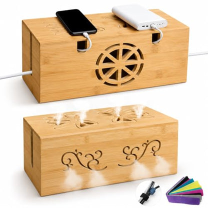 Cable Management Box - Large Bamboo Cord Organizer for Desk and Home Office - Power Strip Hider with Ventilation, 15.7 x 6.7 x 6.7in
