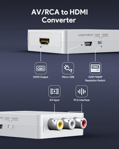 ABLEWE RCA to HDMI Converter, 1080P AV to HDMI RCA Composite CVBS Video Audio Converter Adapter Supporting PAL/NTSC for Xbox/PS2/Wii/SNES/N64/VHS/VCR/DVD - color: White