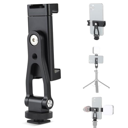 UTEBIT Universal Phone Tripod Mount with Cold Shoe Mount, 1/4" Thread 180° Tilt 360° Rotation Support Vertical and Horizontal, Adjustable Phone Clamp Holder for iPhone 17 16 15 14, for Samsung Galaxy