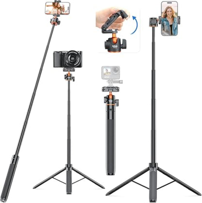 VRIG TP16 Camera Tripod, 55" Extendable Phone Selfie Stick Camera Tripod Stand with 2 in 1 Phone Clip, 5 Levels Adjustment 360° Ball Head Loads Up for DJI OSMO Pocket 4/3 Insta360 X5 iPhone Sony Canon - color: A0085