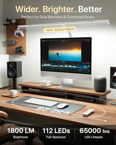 ONEMIX 42" LED Desk Lamp with Clamp, Architect Desk Light with Remote, Adjustable 4-Segment Bar, 1800LM Bright, Eye-Caring Desk Lamp for Home Office, Reading, Study, Dual Monitors, Workbench (White) - color: White