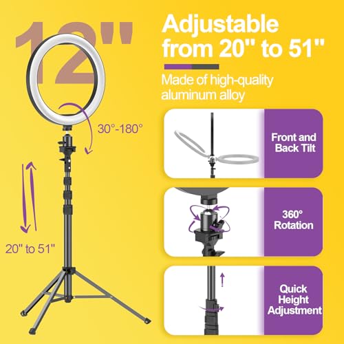 EMART 12" Ring Light with 55" Extendable Tripod Stands and Phone Holder, Dimmable LED Circle Round Light for Selfie Camera Photography/Makeup/YouTube Video/Vlogging/Live Streaming - size: 12inch