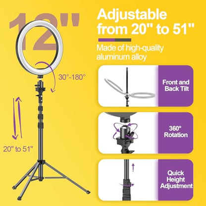 EMART 12" Ring Light with 55" Extendable Tripod Stands and Phone Holder, Dimmable LED Circle Round Light for Selfie Camera Photography/Makeup/YouTube Video/Vlogging/Live Streaming - size: 12inch