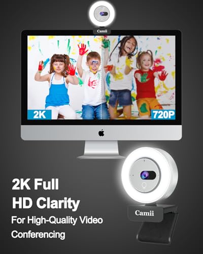 Camii 2K Webcam with Light, HD Webcam for PC with Built-in Privacy Cover, Adjustable Brightness, Noise Reduction Mics, for Zoom Skype Teams Laptop and Google Meet