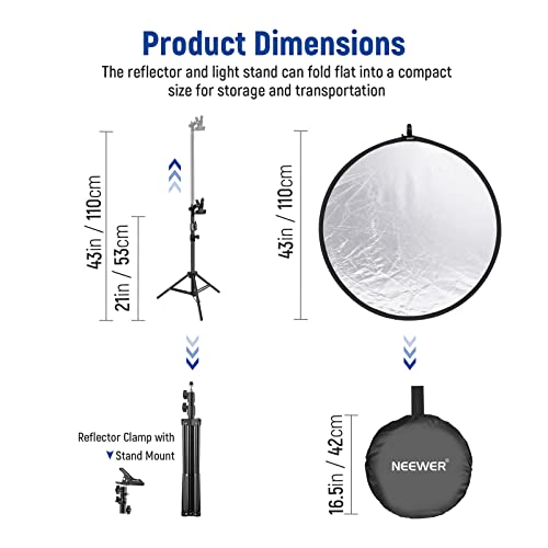 NEEWER 43"/110cm Light Reflector Kit, 5 in 1 Collapsible Round Reflector (Translucent/Silver/Gold/White/Black), Metal Clamp and 21"-43”/53-110cm Short Stand for Low Angle Studio Photography - style: 110cm w/Clamp&Stand