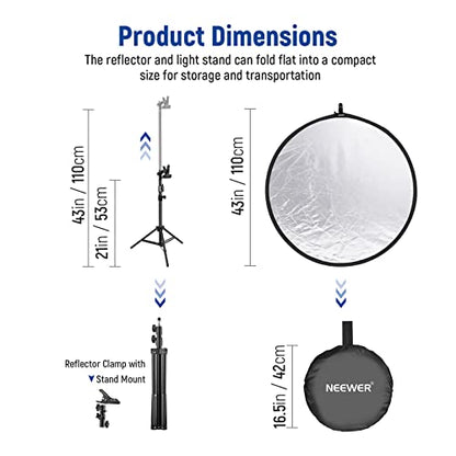 NEEWER 43"/110cm Light Reflector Kit, 5 in 1 Collapsible Round Reflector (Translucent/Silver/Gold/White/Black), Metal Clamp and 21"-43”/53-110cm Short Stand for Low Angle Studio Photography - style: 110cm w/Clamp&Stand
