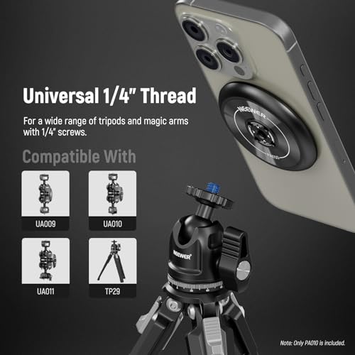 NEEWER Magnetic Phone Tripod Mount Adapter with Adhesive Magnetic Ring Compatible with MagSafe iPhone 15 Pro Max 15 Plus 14 13 12, 1/4" Thread for iPhone Video Recording Selfie Stick Ring Light, PA010 - style: PA010(1 Pack) w/Magnetic Ring