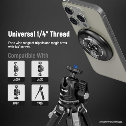 NEEWER Magnetic Phone Tripod Mount Adapter with Adhesive Magnetic Ring Compatible with MagSafe iPhone 15 Pro Max 15 Plus 14 13 12, 1/4" Thread for iPhone Video Recording Selfie Stick Ring Light, PA010 - style: PA010(1 Pack) w/Magnetic Ring
