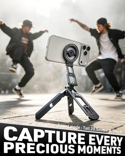 Magnetic Phone Stand Tripod for MagSafe iPhone | 2-in-1 Action Camera Mount | for DJI Osmo Pocket 3/4 Accessories, Foldable Phone Holder with Arca-Swiss & 1/4" Screw/Hook for GoPro 13/12| Patented Design