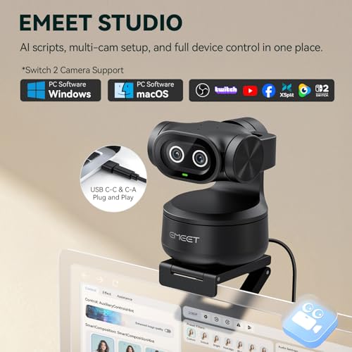 EMEET PIXY Dual-Camera AI-Powered PTZ Camera 4K, AI Tracking, PDAF&AI Autofocus 0.2s, 1/2.55'' Sony Sensor, 3 Mics, Presets, Gesture Control, 4K Webcam for Streaming and OBS/Twitch/Switch 2 Compatible - style: PIXY Dual-Camera AI PTZ 4K