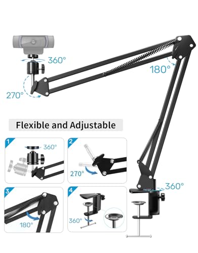 Webcam Stand, Boom Arm Camera Mount Stand for Logitech Webcam BRIO 4K C920 C920S C922 C922x C925e C930 NexiGo N60, 1/4"-3/8" and 3/8"-5/8" Screw for Blue Yeti Snowball Yeti Nano and Other Mics - size: 13.1" - 26.2" in height