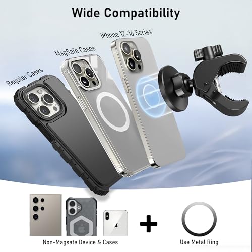 Magnetic Phone Holder Clamp Mount - 20 x N52 Strong Magnet Universal Mount | For Gym, Spin Bikes (Fits Peloton), Treadmills, Strollers, Golf Cart, Shopping Cart - Compatible with MagSafe iPhone 12 to 17