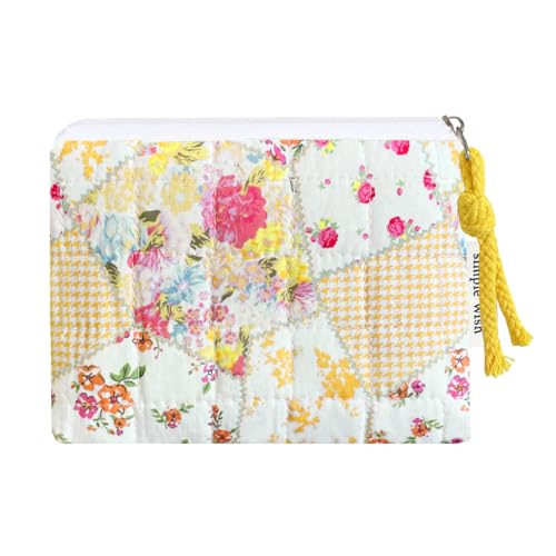 Cotton Quilted Floral Coin Purse Digital Camera Pouch with Cute Prints Zipper for Women Girls (YELLOW DISTY PATCH) - color: YELLOW DISTY PATCH