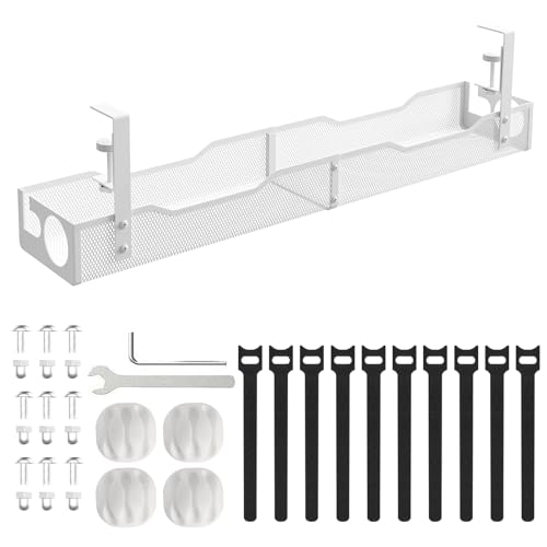 Under Desk Cable Management 27 inches Metal Cord Organizer No Drill Wire Management and Cord Organizer for Home Office Standing Desk - color: 25 White