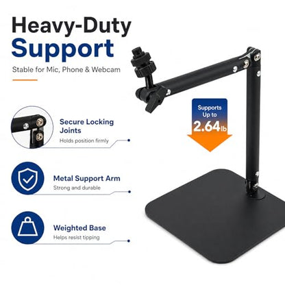 Desktop Microphone Stand with Weighted Steel Base, Adjustable Studio Mic Stand and Mic Arm for Desk, No-Clamp Tabletop Stand with 3/8", 5/8", 1/4" Adapters and Phone Holder