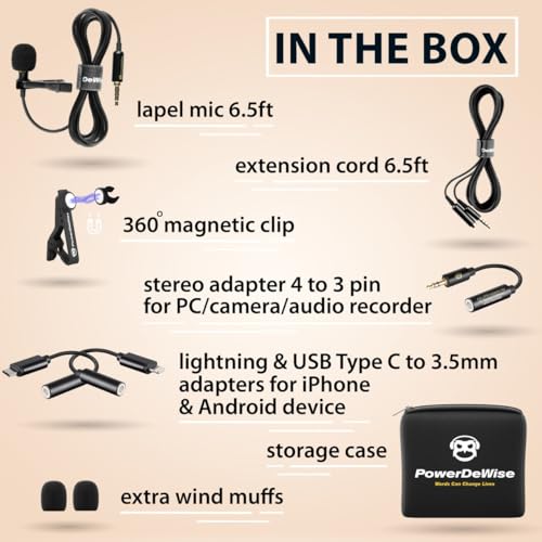 PowerDeWise Professional Grade Lavalier Clip On Microphone - Lav Mic for Camera Phone iPhone GoPro Video Recording ASMR - Small Noise Cancelling 3.5mm Tiny Shirt Microphone with Easy Clip On System - style: Wired Lapel Microphone Kit