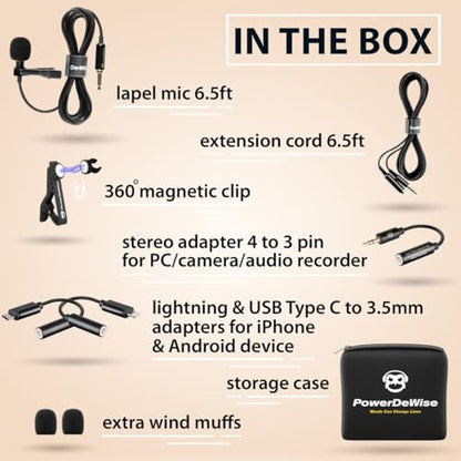 PowerDeWise Professional Grade Lavalier Clip On Microphone - Lav Mic for Camera Phone iPhone GoPro Video Recording ASMR - Small Noise Cancelling 3.5mm Tiny Shirt Microphone with Easy Clip On System - style: Wired Lapel Microphone Kit