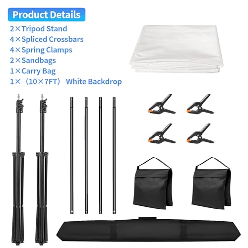 Adjustable Photography Backdrop Stand Kit 10x7ft(W*H)– Photo Studio Background Support with 4 Crossbars, 4 Clamps, 2 Sandbags (with 10 * 7 Feet White Backdrop Curtain) - color: White