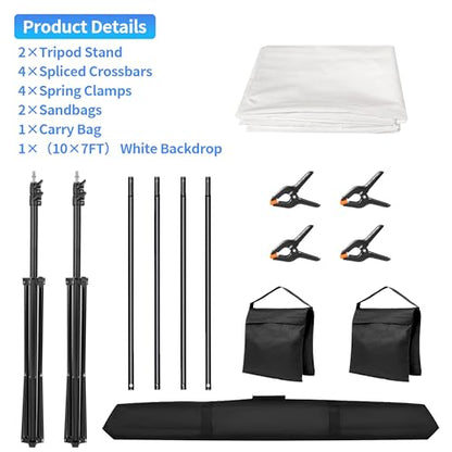 Adjustable Photography Backdrop Stand Kit 10x7ft(W*H)– Photo Studio Background Support with 4 Crossbars, 4 Clamps, 2 Sandbags (with 10 * 7 Feet White Backdrop Curtain) - color: White