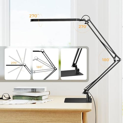 SKYLEO LED Desk Lamp with Slim Base - Adjustable Swing Arm Desk Light, Dimmable, Timer, Eye Protection, Memory Function, 1300LM, 12W, Black - style: Black swing arm with Base