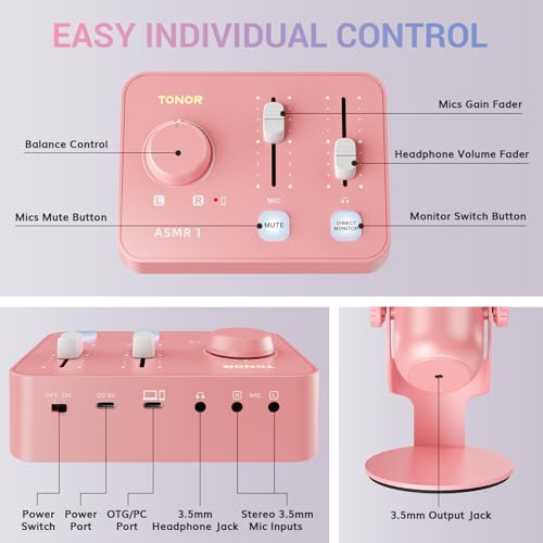 TONOR ASMR Microphone Equipment Bundle With Audio Interface, Immersive 3D Stereo, Dual Condenser Mics With Mixer, Clear Sound, Volume Control, Furry Windscreens, ASMR Starter Pack, Pink - color: Pink