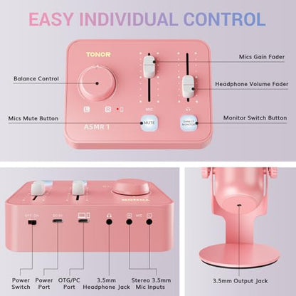 TONOR ASMR Microphone Equipment Bundle With Audio Interface, Immersive 3D Stereo, Dual Condenser Mics With Mixer, Clear Sound, Volume Control, Furry Windscreens, ASMR Starter Pack, Pink - color: Pink