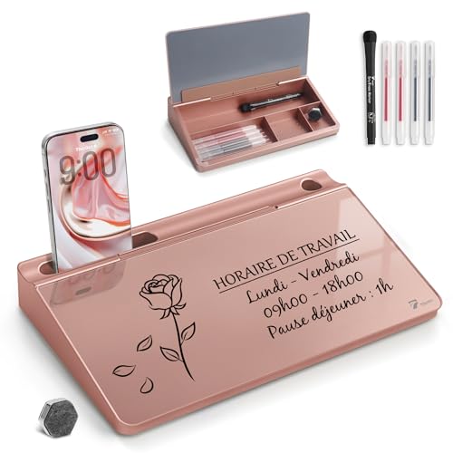 TOWON Small Compact Glass Desktop Whiteboard with Storage – 12 x 7 in Dry Erase Board for Desk, Home Office, School | Includes 5 Markers, Eraser & Holder | Space-Saving Organizer, Aesthetic Rose Gold - color: Metallic Rose Gold