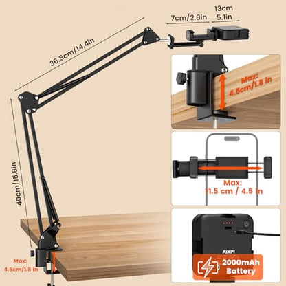 Overhead Phone Mount with LED Selfie Light and Bluetooth Remote, Rechargeable Ring Light Tripod Stand with Flexible Boom Arm, Desk Phone Holder for Video Recording, Live Streaming, TikTok, Vlogging
