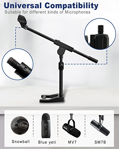 Desktop Microphone Stand, Adjustable Mic Stand with Boom Arm, Mic Clip Holder and 3/8" to 5/8" Screw Adapter for Dynamic Microphone and Blue Snowball, Blue Yeti, Kick Drums, Guitar Amps