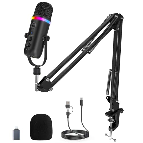 ZealSound Podcast Microphone for PC/Mac/iPhone – USB Studio Mic with Noise Cancellation, RGB Lighting, Mute, Gain, Monitoring & Echo, Boom Arm & Pop Filter, Streaming, Recording, TikTok, YouTube - color: RGB