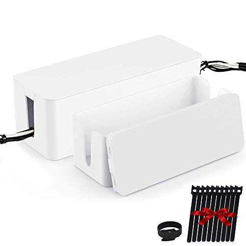 Cable Management Box Organizer, Pack of 2 Wire Concealer to Cover Hide Surge Protector & Power Strip on Desk Floor, with 5 Cord Fastening Tapes for Office, Home, Kitchen (Ice White) - color: White