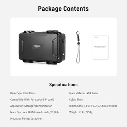 NEEWER Hard Case Compatible with DJI Osmo Action 5 Pro / 4/3 Camera, IP67 Waterproof Dustproof Shockproof Portable Travel Storage Case with Custom Foam Inserts & 12 Slots for Accessories, AC031