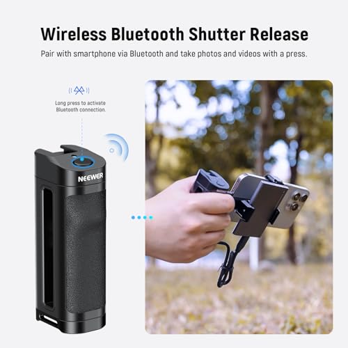 NEEWER Bluetooth Side Handle Shutter Release with 2.2"-3.2"/55-82mm 360° Phone Clamp & SSD Holder, Cold Shoes, 100mAh Rechargeable Battery Compatible with iPhone Samsung T5/T7/T9 SSD, PA028E