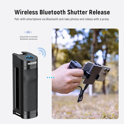 NEEWER Bluetooth Side Handle Shutter Release with 2.2"-3.2"/55-82mm 360° Phone Clamp & SSD Holder, Cold Shoes, 100mAh Rechargeable Battery Compatible with iPhone Samsung T5/T7/T9 SSD, PA028E