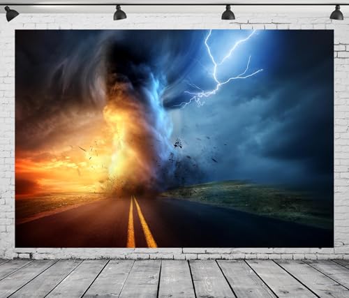 Road Tornado Lighting Backdrop Fabric 20x10ft Farmland Dark Sky Storm Hurricane Thunderstorm Background Horror Weather Disaster Party Decorations Halloween Themed Photoshoot Booth Props - size: 20x10FT