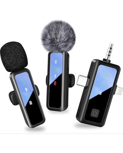 3 IN 1 Wireless Lavalier Microphones for iPhone/Android/Camera Devices(Lightning/USBC/3.5 mm Jack), 2 Pack Mini LED Display Lapel Mic with Mute/Reverb/Noise Reduction for Video Recording Vlogging