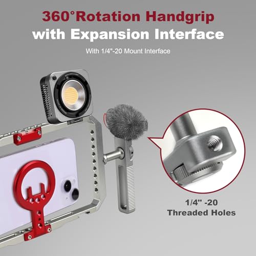 Magnetic Phone Cage with Handle,Smartphone Cage Kit with 360° Rotation Handgrip and Magnetic Sticker for Photography,Compatible with iPhone 17/16/15/14/13 Series and Andriod Phones (Silver+Red) - color: silver