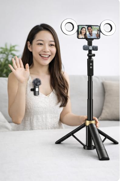 Video Recording Kit for Smartphone with Tripod Stand, Dual Ring Lights and Wireless Lavalier Microphones, Portable Vlogging Set for TikTok, YouTube, Live Streaming and Podcast Creation Pro