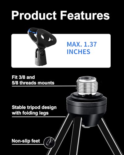 SUUNTOK Desk Microphone Stand with Mic Clip Holder, Foldable Tripod with Non-slip Feet Adjustable Desktop Mic Stand, Ideal for Podcast, Online Chat, meetings with dynamic mics Like SM58 57 PGA48 etc.